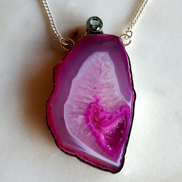 New Pink Agate Druzy & Apatite 925 Silver Necklace. - Picture 12 of 15